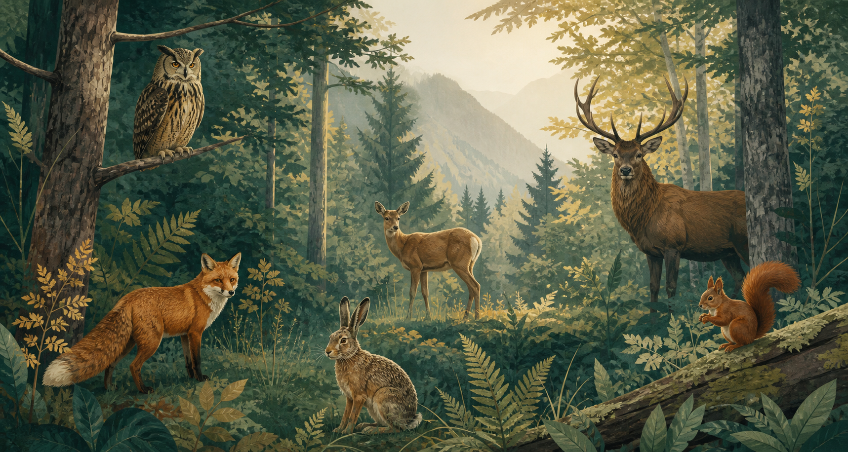 Illustration eines Kärntner Waldes mit Uhu, Fuchs, Hase, Reh, Hirsch und Eichhörnchen